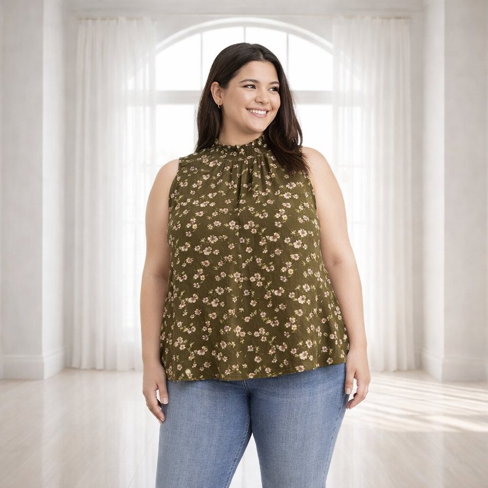 2/$20 SALE A New Day XXL Floral Smocked Ruffle High-Neck Rayon Tank / Blouse